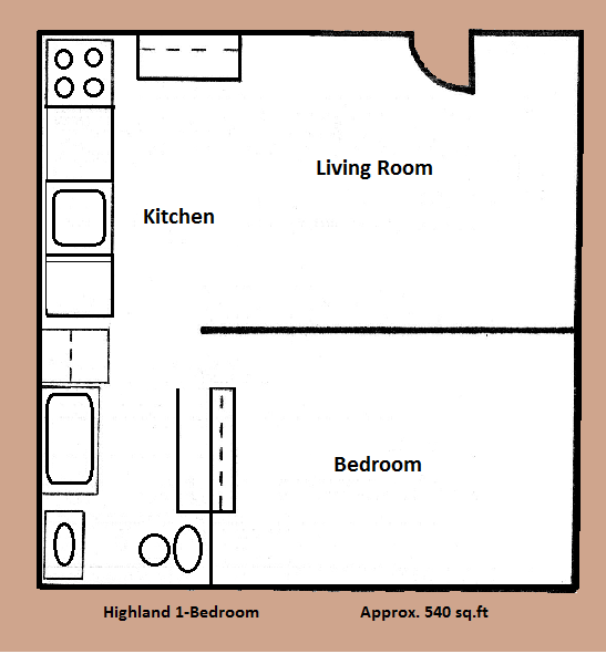 Floor plan for 1 bed, 1 bath, 540 sqft